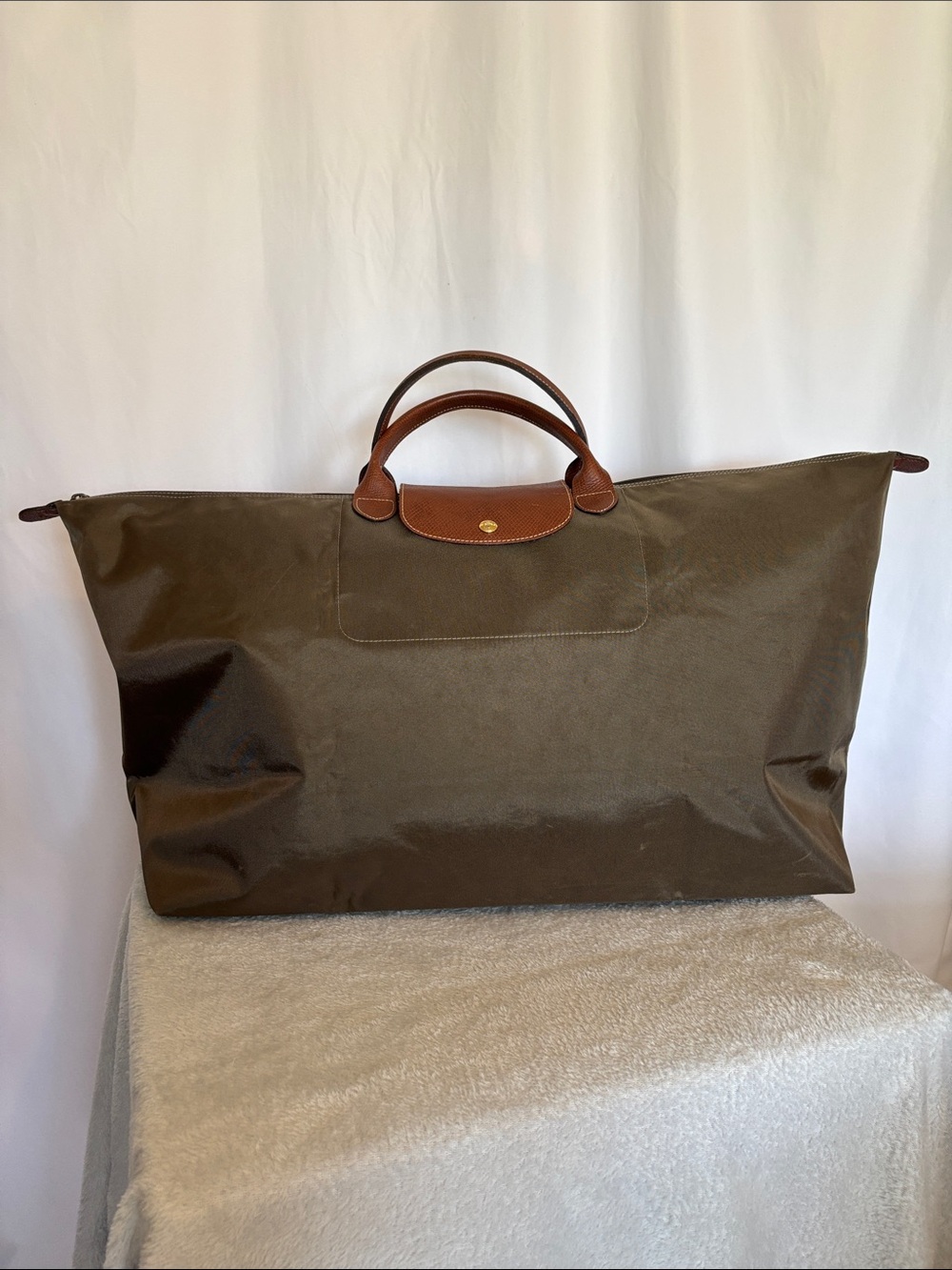 Longchamp Le Pliage XL Travel Bag Khaki Foldable Weekender Tote EUC